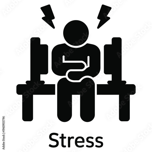 Stress icon in solid style, anxiety, pressure, overwhelmed symptom symbol, mental burden concept, psychological stress awareness, emotional health illustration.