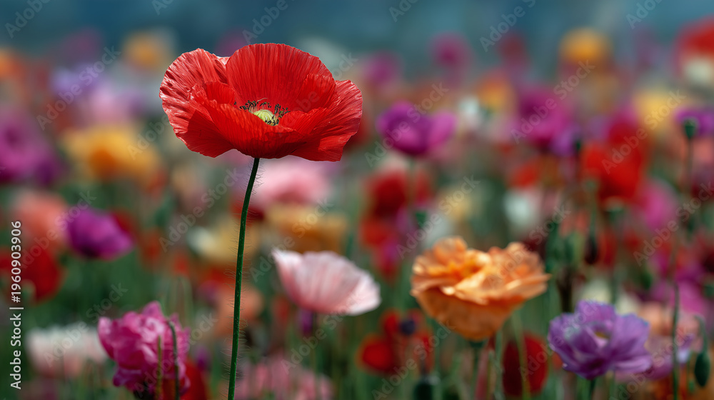 Fototapeta premium Red poppy standing tall among a sea of multicolored poppies, perfectly centered frame