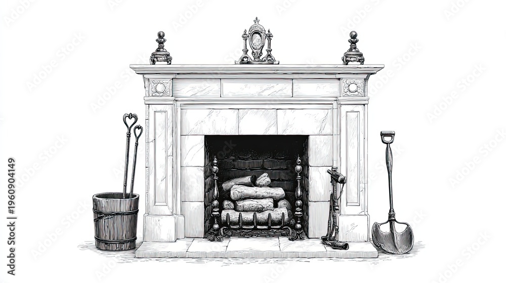 Fototapeta premium Engraving sketch of classic fireplace with tools, firewood and ornate mantel in vintage interior setting