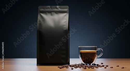 Black Coffee in a Glass Cup Next to a Bag of Coffee Beans on a Wooden Table