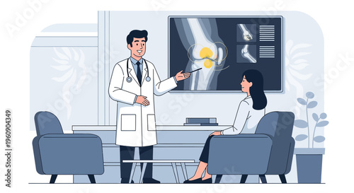 Doctor explaining knee X-ray to patient, medical consultation in clinic