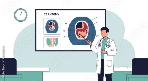Doctor Explaining CT Scan Anatomy on Screen in Medical Classroom