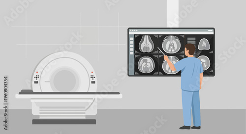 Doctor Explaining CT Scan Results on Screen Next to Medical Imaging Machine