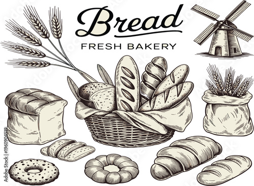 Fresh bakery bread vector illustration, hand drawn basket with wheat ears and windmill on white background