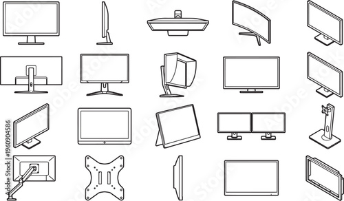 A comprehensive illustration of diverse monitor designs, showcasing various shapes and perspectives.