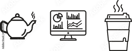 Business icons, office supplies, tea pot, computer monitor, coffee cup, line art