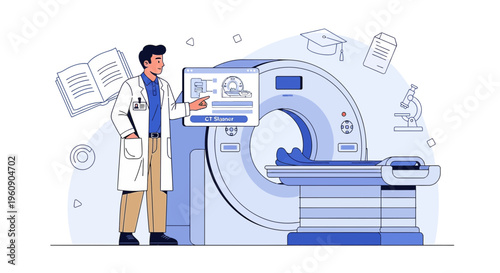Doctor Explains CT Scan Procedure with Medical Equipment and Educational Materials