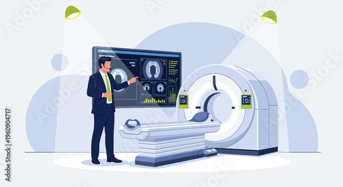 Doctor Explains CT Scan Results on Screen Next to MRI Machine