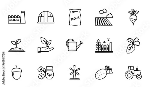 Minimal industrial and agricultural line icons editable stroke outline vector pixel perfect black and white set