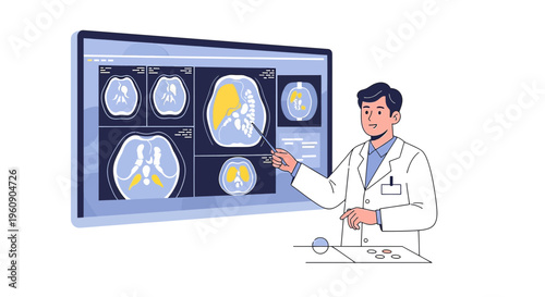 Doctor Explains CT Scan Results on Screen, Medical Diagnosis, Healthcare Concept