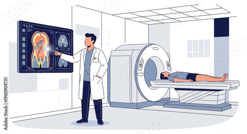 Doctor Explains CT Scan Results on Screen Next to Patient in MRI Machine