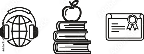 Education icons, learning symbols, global study, certification vector graphics