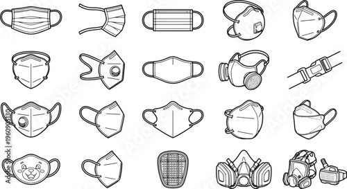 An array of protective masks, essential equipment for safeguarding health and well-being. A variety of masks of different shapes and sizes are carefully arranged.