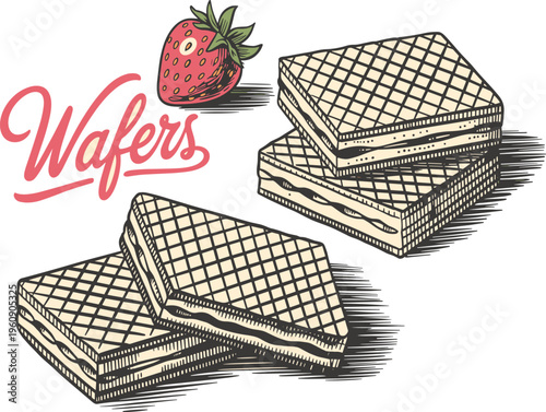 Sweet strawberry wafers vintage hand drawn sketch vector illustration, crispy cream biscuits and fresh berry