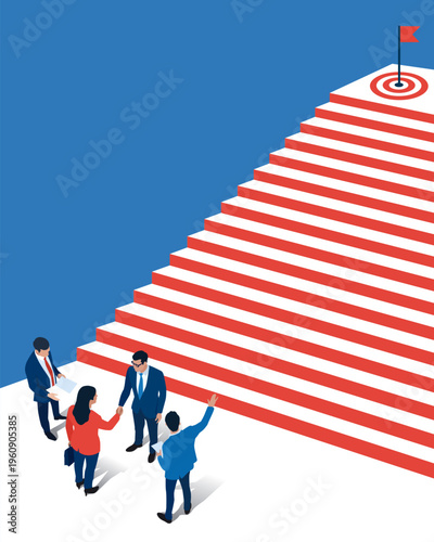 Leader and career. A woman faces a challenge, a leader and a team show her the way. A staircase leads to the goal. Business vector illustration 