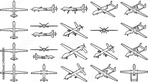 Diverse perspectives of sleek, high-tech drones, illustrating their dynamic forms and aerodynamic prowess, emphasizing innovation.