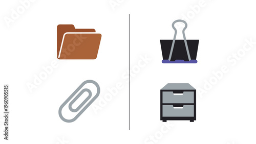 Office supplies organized into two distinct groups with folder, clip, binder clip, and filing cabinet icons