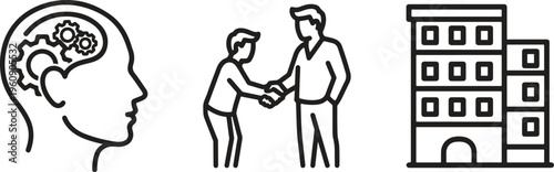 Business negotiation icons, handshake, human brain gears, office building, line art