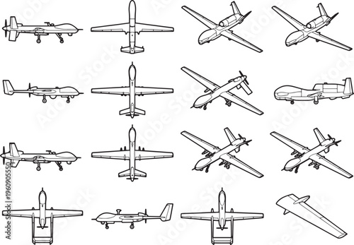 A collection of various detailed drone illustrations, showcasing multiple perspectives of the unmanned aerial vehicles.
