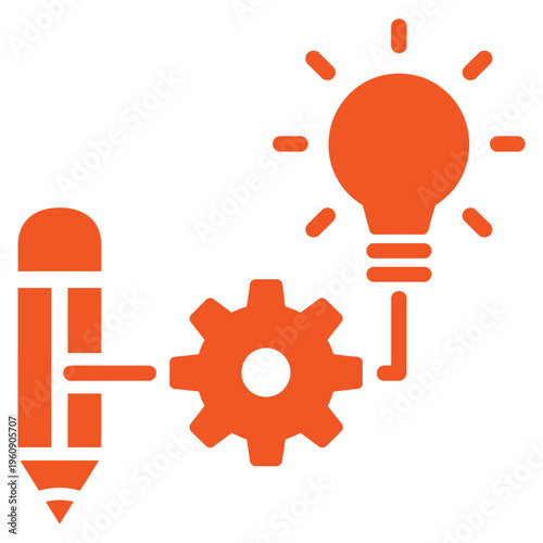 Creative thinking solid glyph icon, idea bulb, gear, pencil, flow arrows, innovation, workflow and productivity concept, problem solving and business strategy illustration.