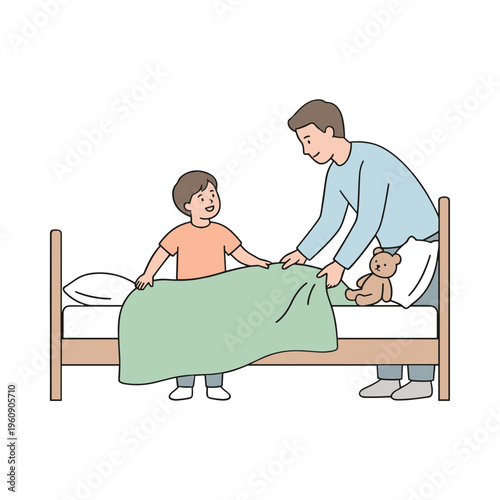 A father helps his son make bed with green blanket and teddy bear