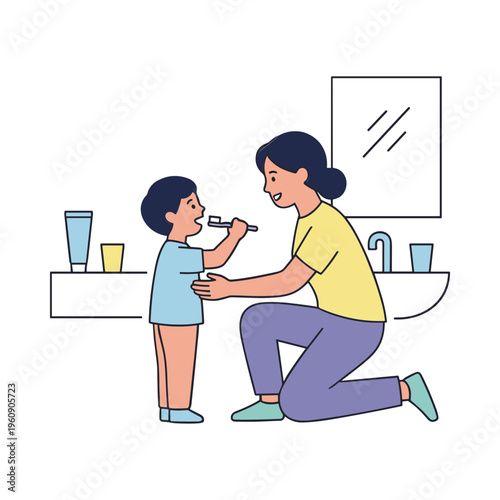 A woman helps a child brush teeth in a bathroom.