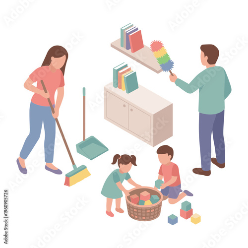 Family cleaning and organizing home with colorful toys and books nearby