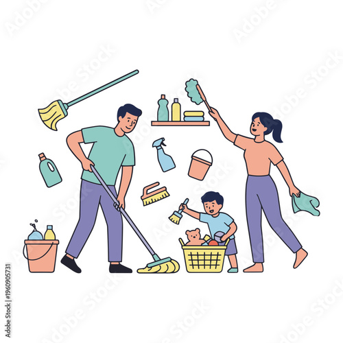 Family cleaning together at home with brooms and buckets