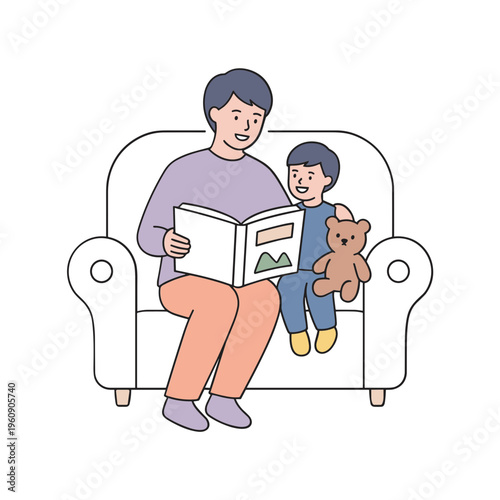Woman reading book to boy sitting on couch with teddy bear