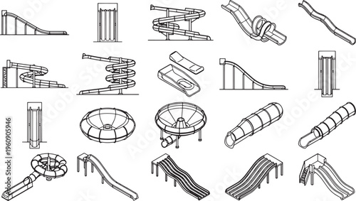 An array of water slides with a variety of shapes and designs, showcasing the playful and exhilarating features of aquatic amusement.