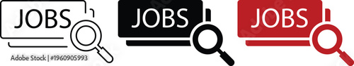 Job search icons with magnifying glass, recruitment and hiring vector set, employment hunting symbols in black and red colors
