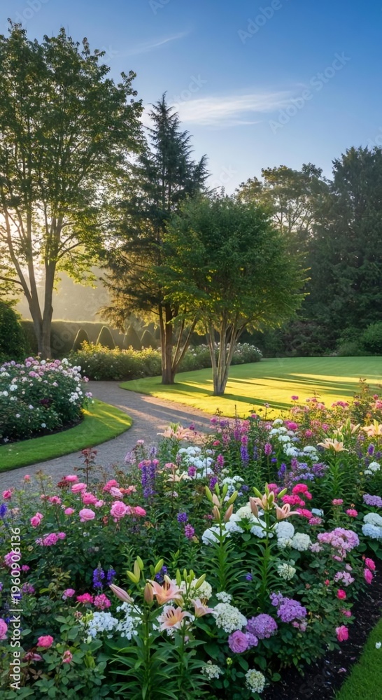 Obraz premium Serene Garden Landscape with Colorful Flowers and Morning Light