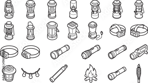 Collection of vintage lamps and lanterns in diverse designs, presented in a monochrome illustration, each object has a unique shape and style, suitable for exploring outdoor adventures.