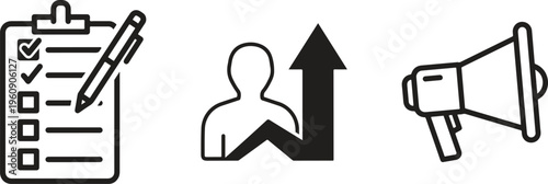 Business growth icons, checklist, megaphone, and user increase symbols, black line art