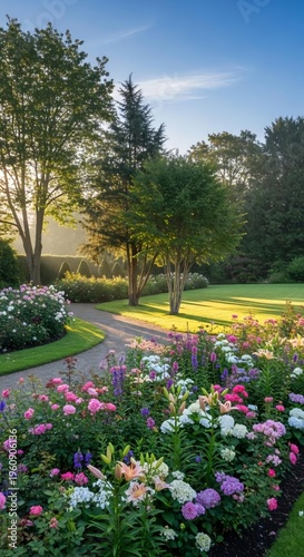 Wallpaper Mural Serene Garden Landscape with Colorful Flowers and Morning Light Torontodigital.ca