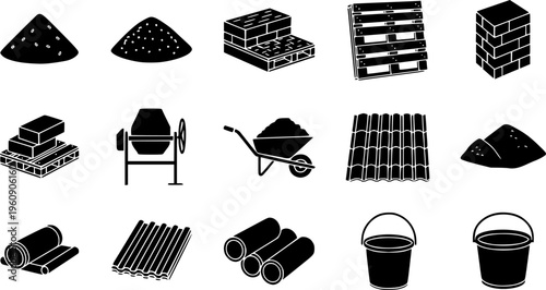 Comprehensive Construction Materials and Heavy Equipment Collection - Building Site Tools and Supplies Vector Set