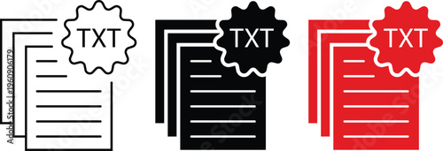 TXT file document icons set, flat vector text file format symbols in black and red, digital paper document stack with star label for office data