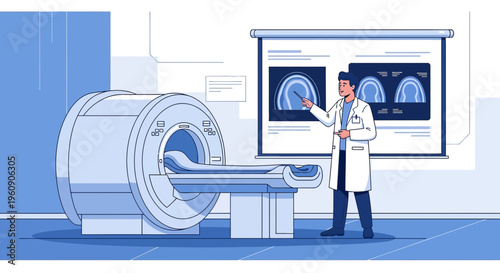 Doctor Explains MRI Scan Results with Medical Images and Equipment
