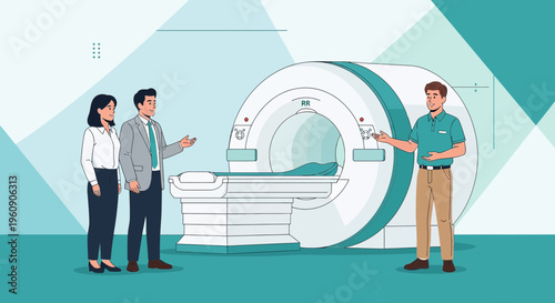 Doctor Explains MRI Scan to Couple in Modern Medical Clinic