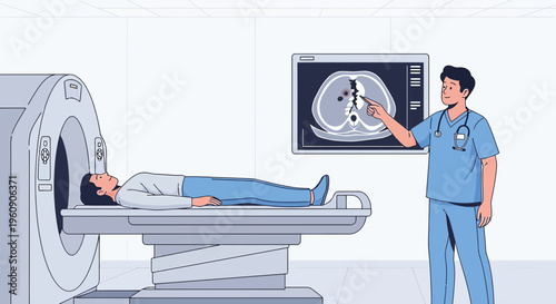 Doctor Explains CT Scan Results to Patient Lying in MRI Machine