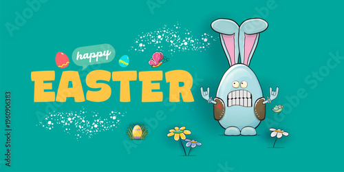 Happy Easter horizontal banner. Funny cartoon rock and roll bunny egg character with metal horns hand sign on turquoise background. Creative spring Easter holiday vector illustration