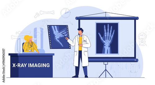 Doctor Explains Hand X-Ray Image on Screen in Medical Office