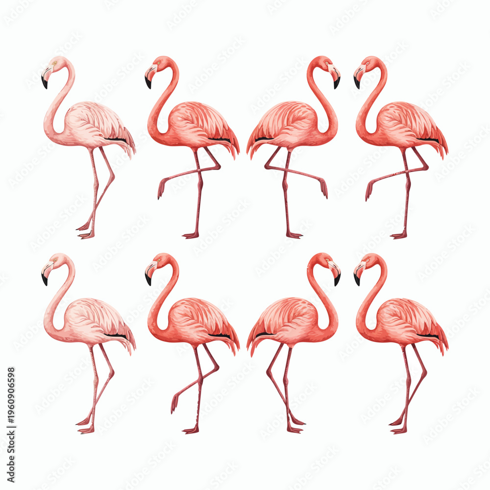 Obraz premium Eight Pink Flamingos In Different Poses On White Background