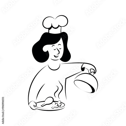 Hand-drawn Vector Illustration of a Woman Chef in Uniform Serving a Hot Meal. Minimalist Line Art Character Holding a Plate and Cloche, Ideal for Restaurant Branding and Menu Design. Isolated Art