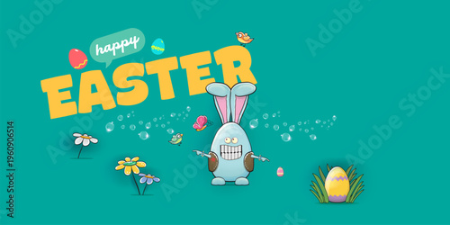 Happy Easter horizontal banner. Funny cartoon rock and roll bunny egg character with metal horns hand sign on turquoise background. Creative spring Easter holiday vector illustration