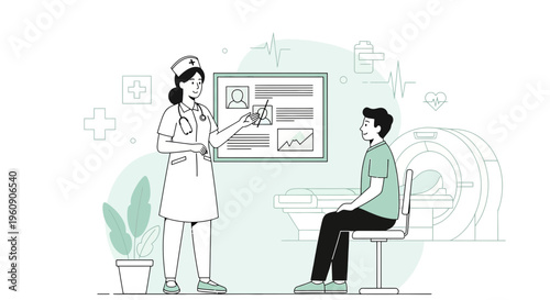 Doctor Explains Medical Scan Results to Patient Next to MRI Machine