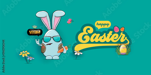 Happy Easter horizontal banner. Funny cartoon rock and roll bunny egg character with metal horns hand sign on turquoise background. Creative spring Easter holiday vector illustration