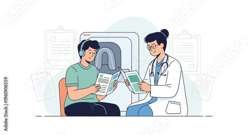 Doctor explains medical scan results to patient wearing headphones, CT scanner background
