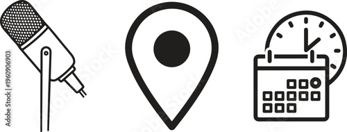 Navigation, location, and communication icons, vector set, black and white