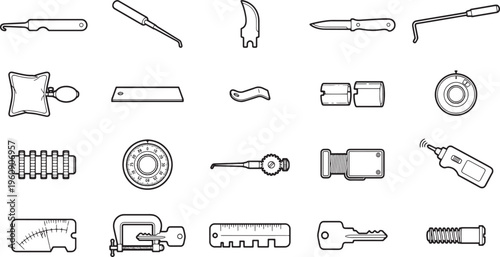A comprehensive set of professional tools, meticulously arranged and presented in a detailed, top-down illustration. Capturing the essence of craftsmanship and mechanical precision.